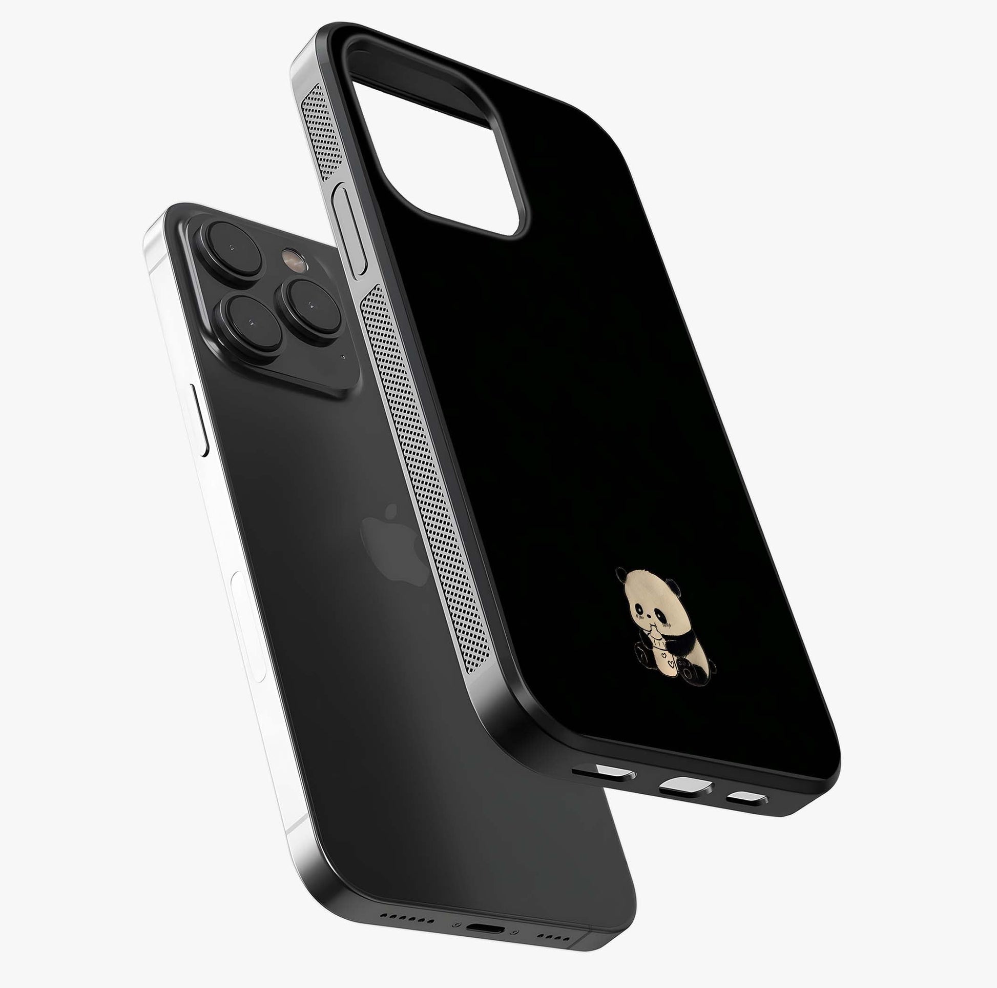 Midnight Panda Love Glass Case photographed in natural light showing reflective finish and design depth.