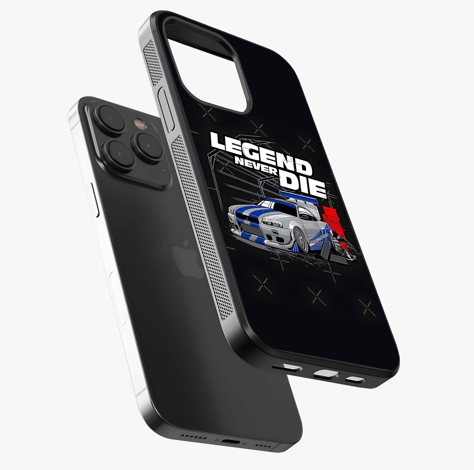 Midnight Racing Legacy Glass Case photographed in natural light showing reflective finish and design depth.