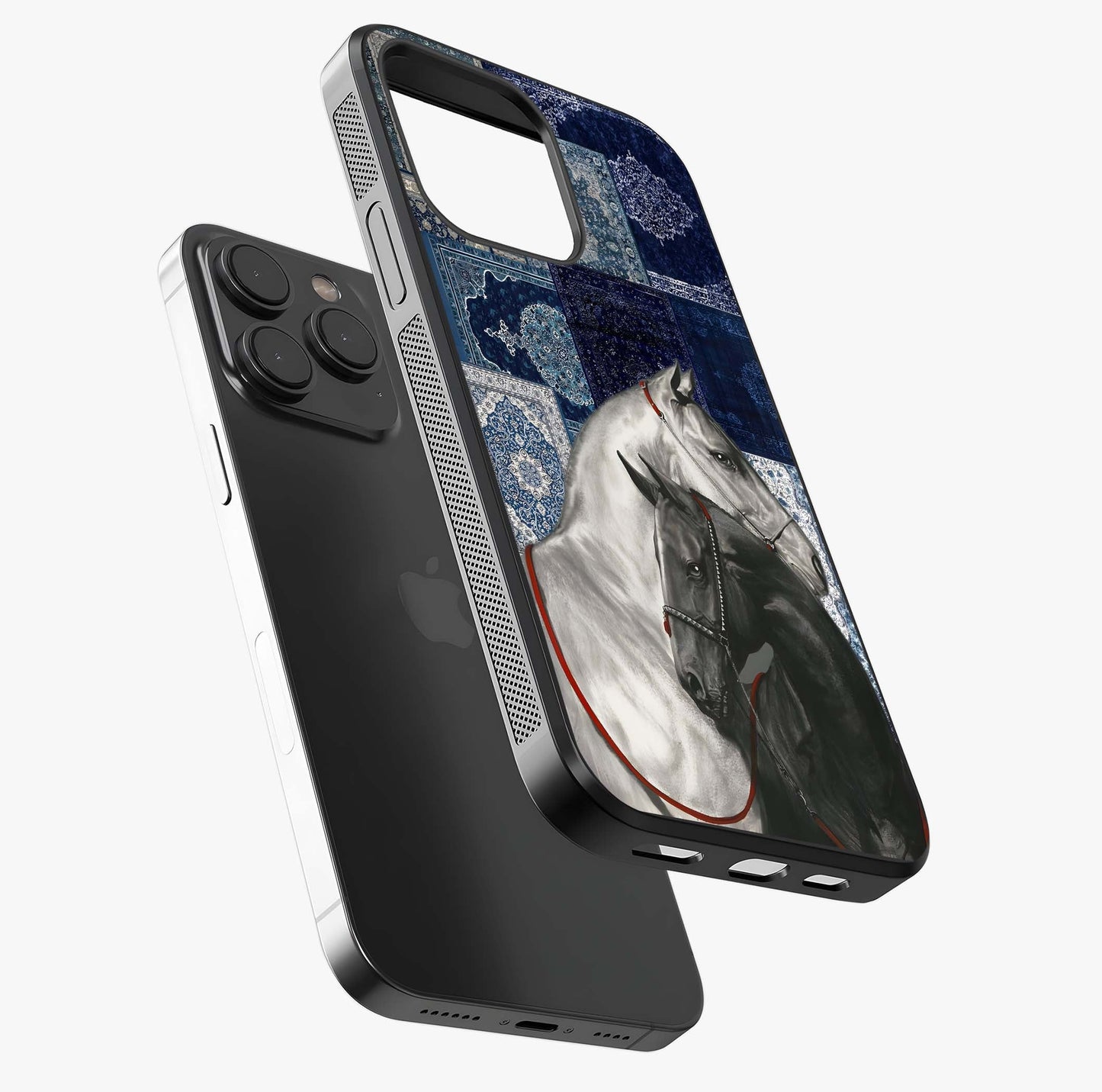 Midnight Stallion Blues Glass Case photographed in natural light showing reflective finish and design depth.