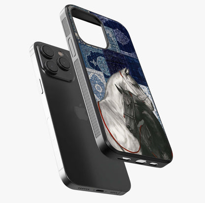 Midnight Stallion Blues Glass Case photographed in natural light showing reflective finish and design depth.