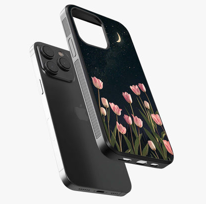 Midnight Tulip Whispers Vibe Glass Case photographed in natural light showing reflective finish and design depth.