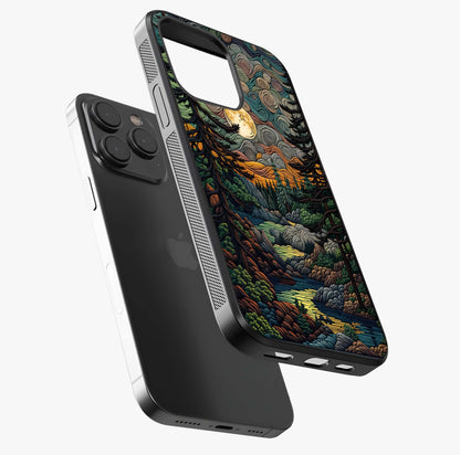 Moonlight Forest Dream Glass Case photographed in natural light showing reflective finish and design depth.