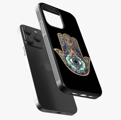 Mystic Hamsa Eye Glass Case photographed in natural light showing reflective finish and design depth.