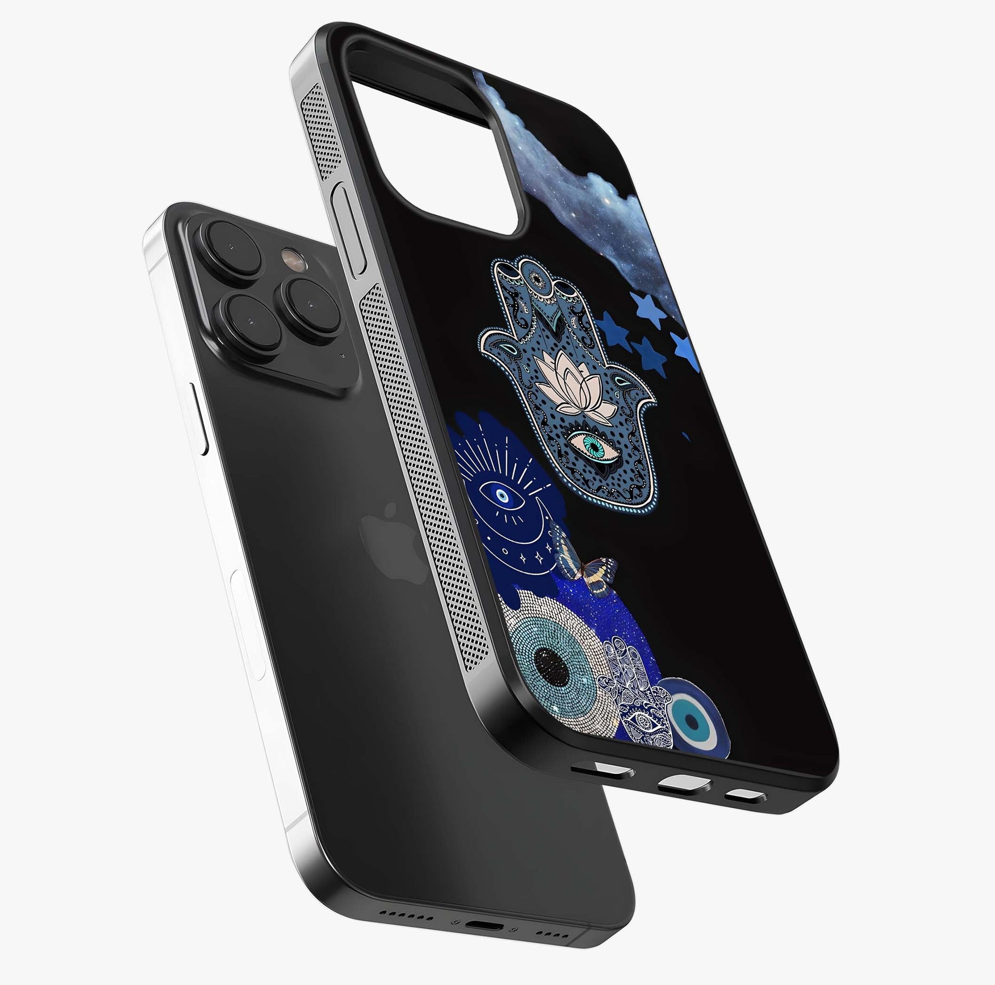 Mystic Hand Aura Glass Case photographed in natural light showing reflective finish and design depth.