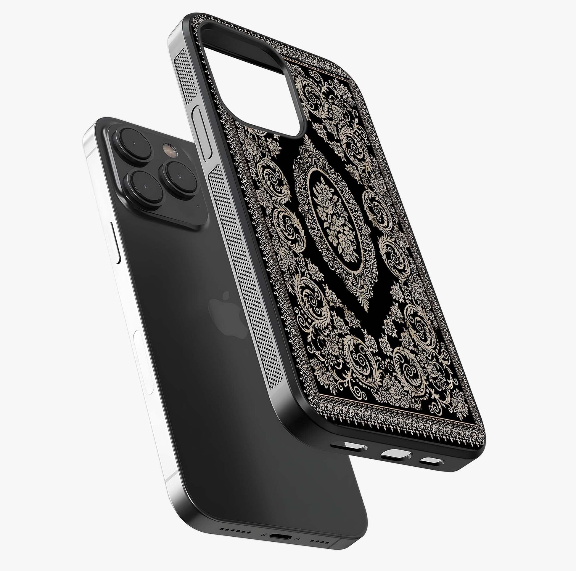Noir Bloom Elegance Glass Case photographed in natural light showing reflective finish and design depth.