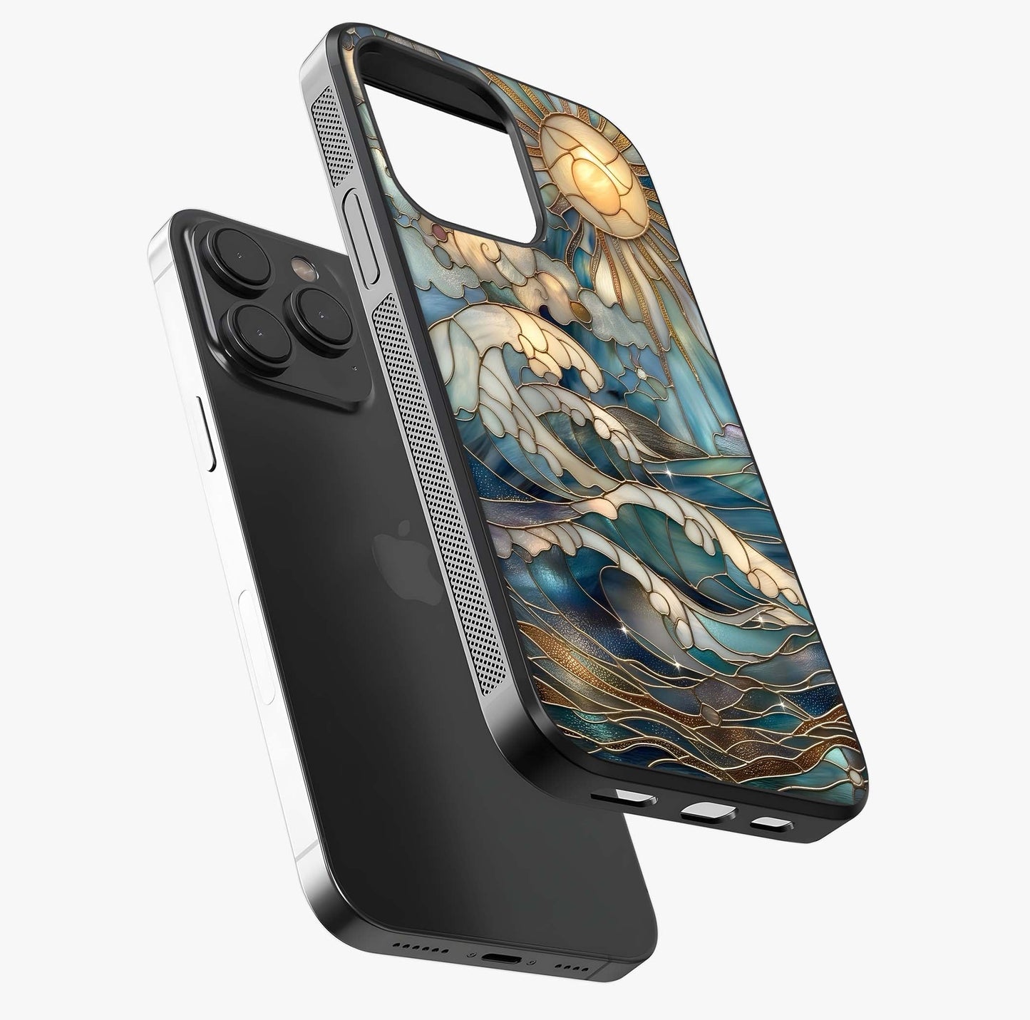 Oceanic Stained Printed Glass Case photographed in natural light showing reflective finish and design depth.