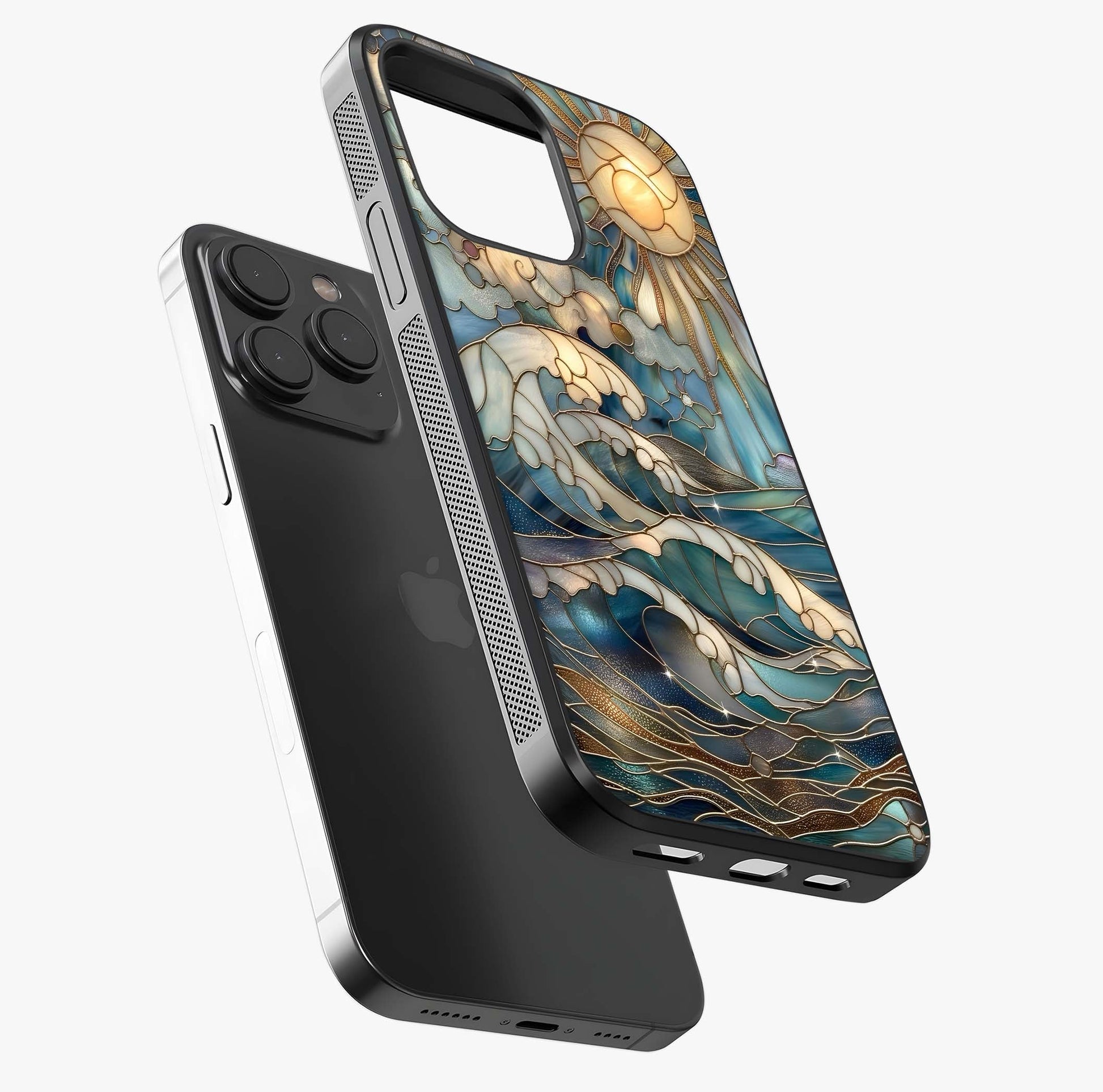 Oceanic Stained Printed Glass Case photographed in natural light showing reflective finish and design depth.
