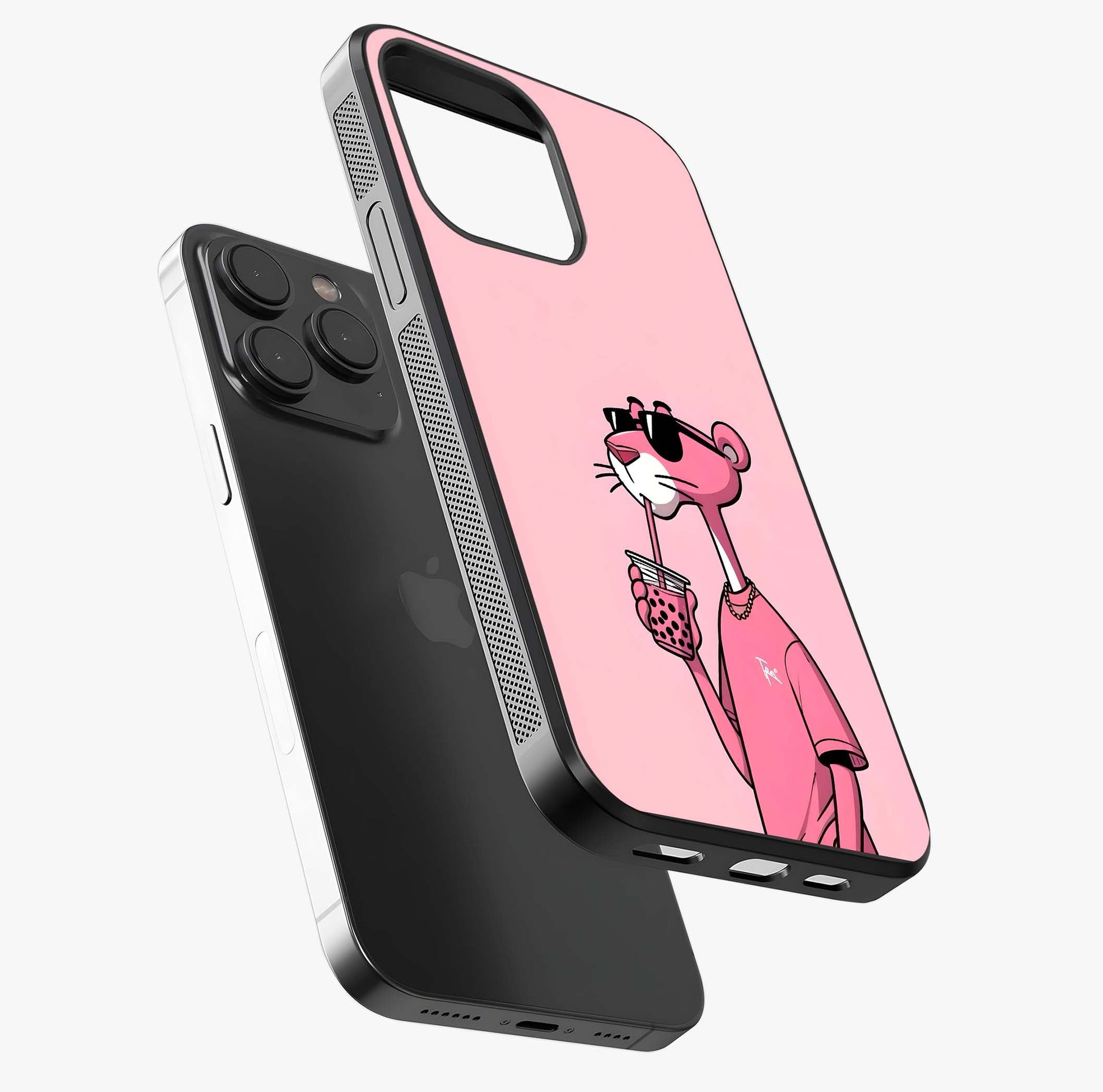 Pink Panther Glass Case photographed in natural light showing reflective finish and design depth.