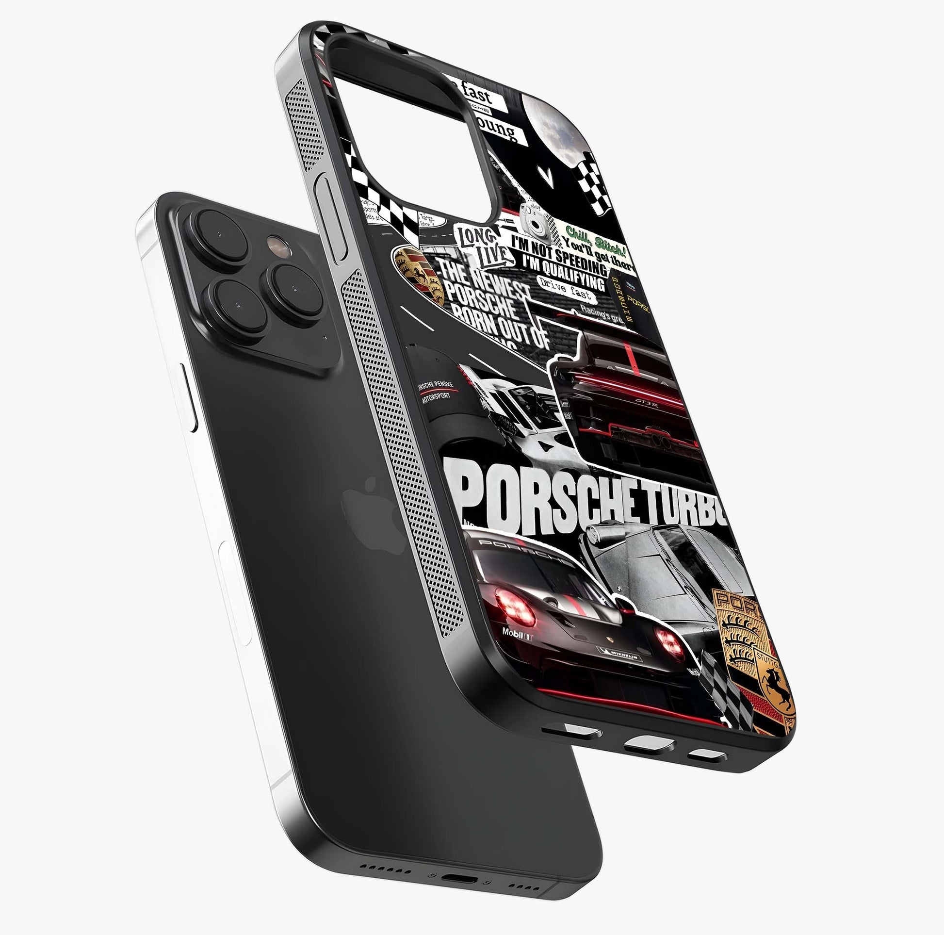 Porsche Racing Collage Glass Case photographed in natural light showing reflective finish and design depth.