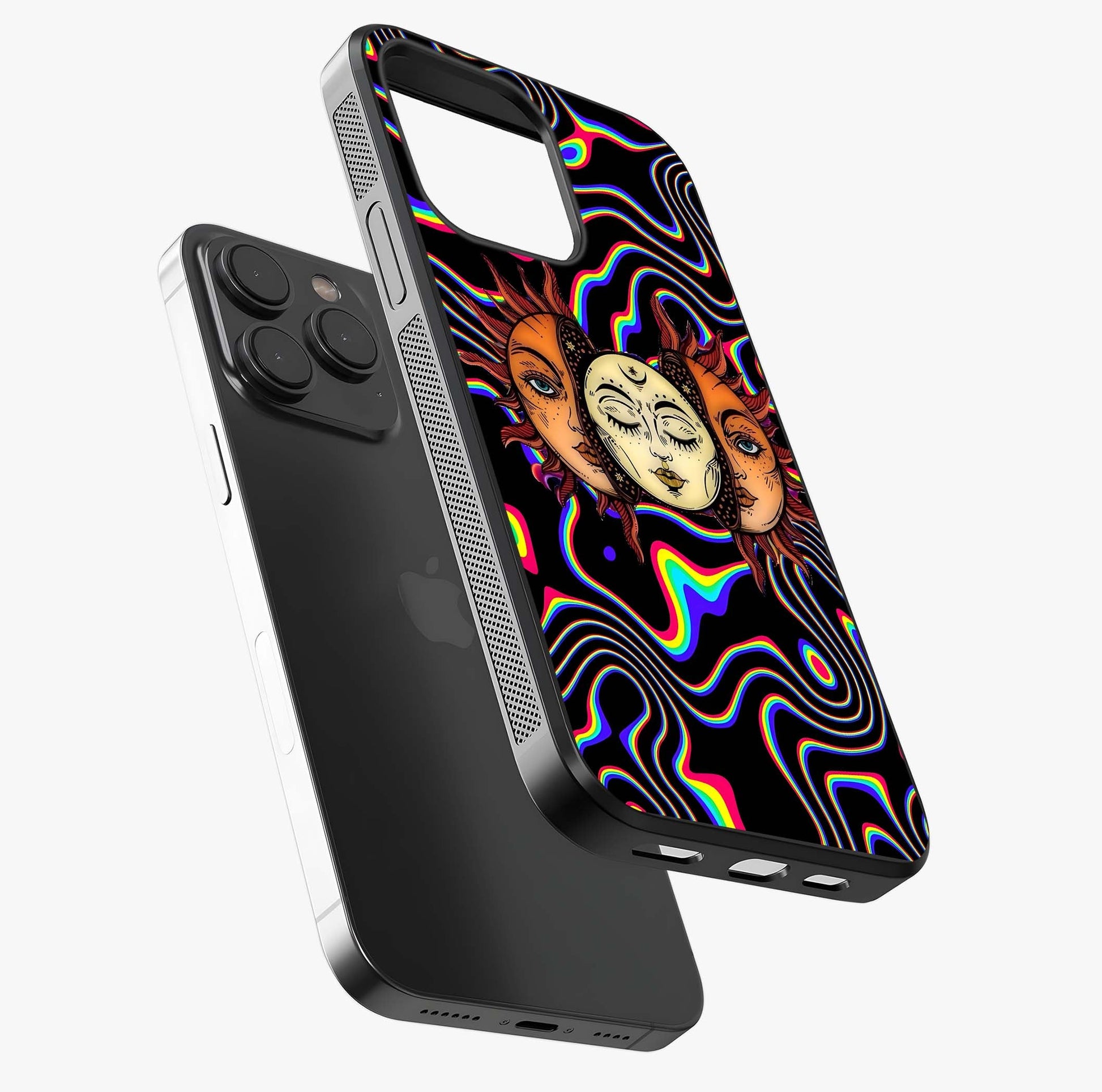 Psychedelic Sun Glass Case photographed in natural light showing reflective finish and design depth.
