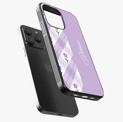 Purple Diamond Floral Glass Case photographed in natural light showing reflective finish and design depth.