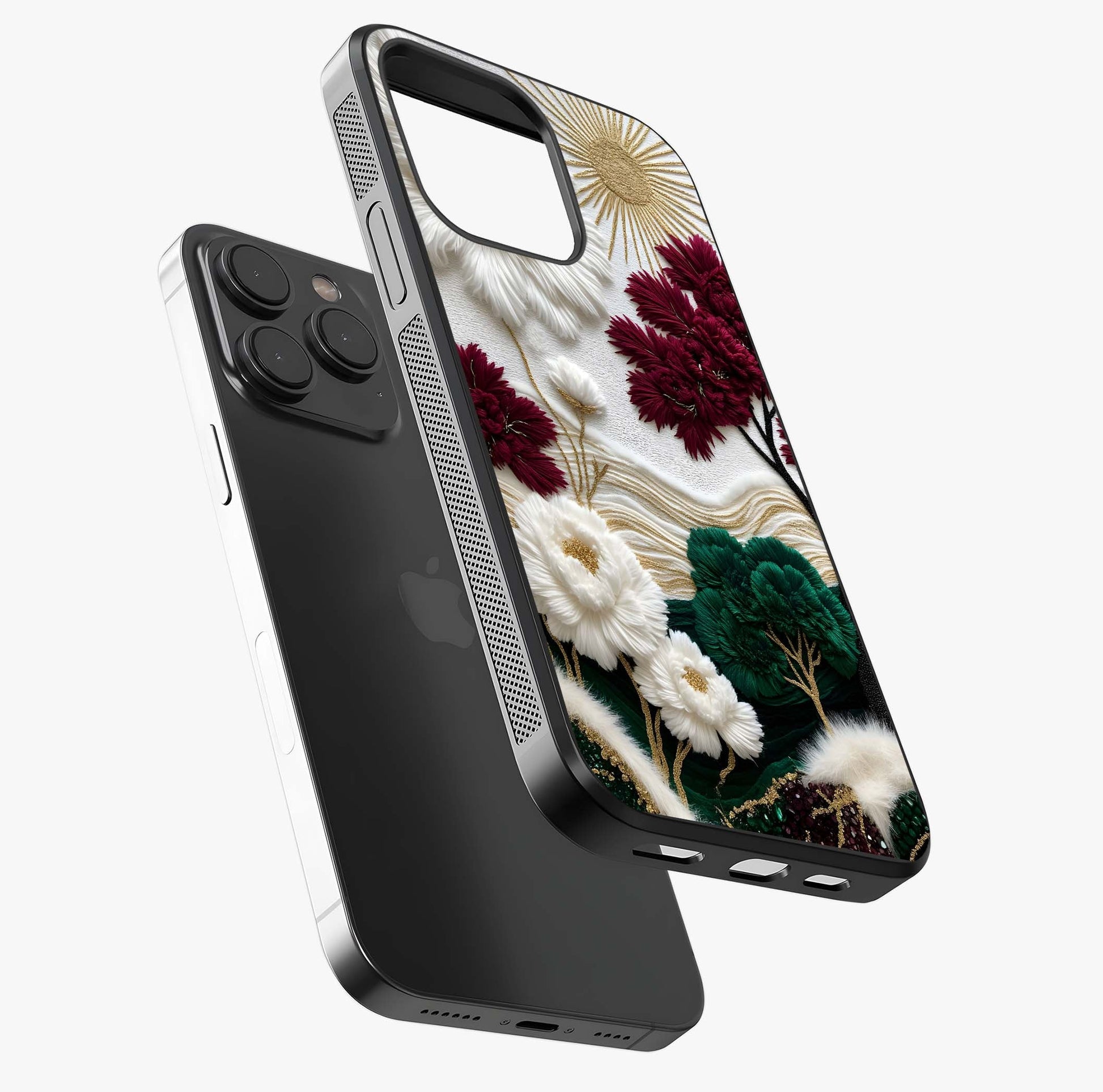 Radiant Bloom Elegance Glass Case photographed in natural light showing reflective finish and design depth.