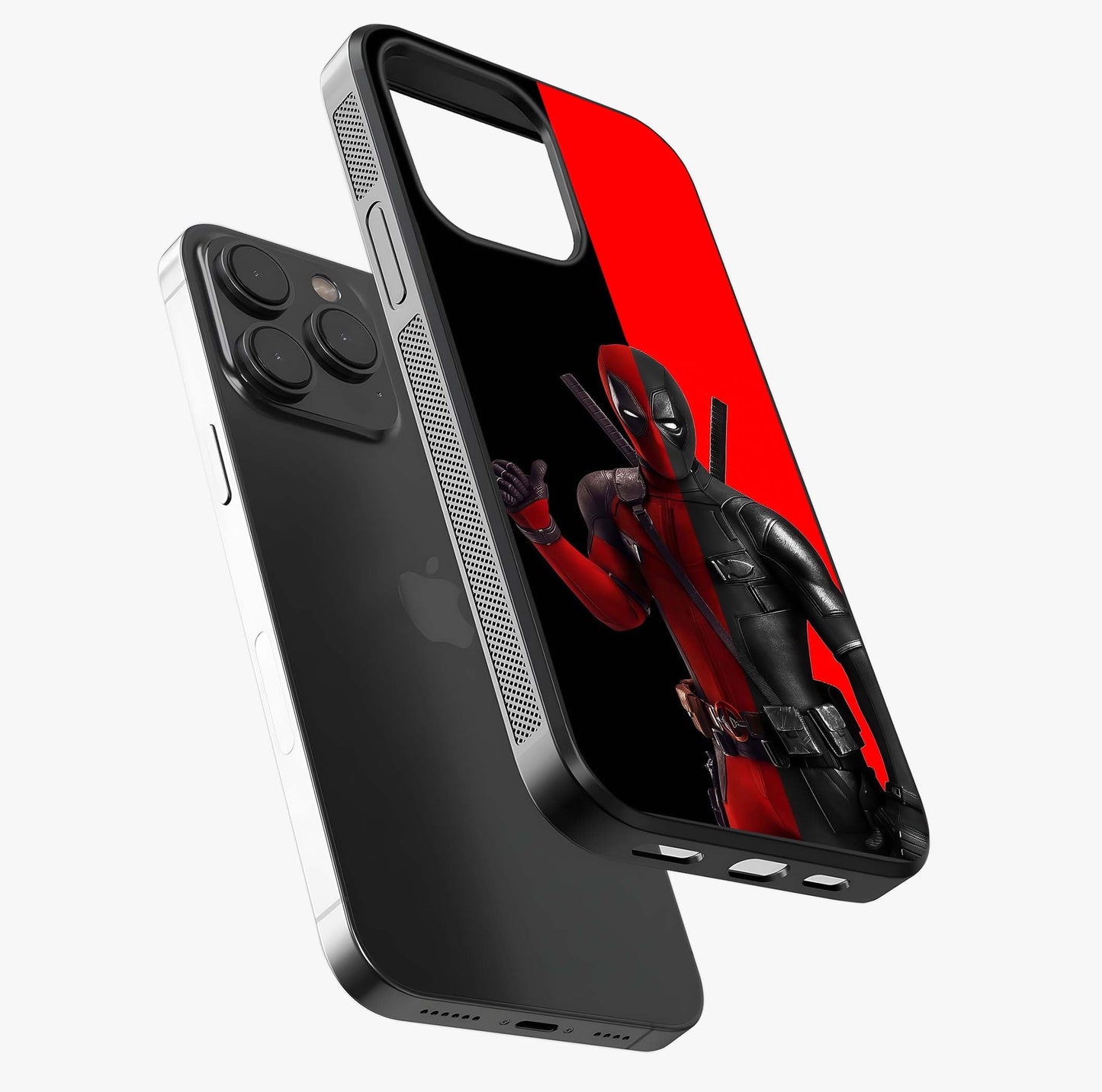 Red & Black Deadpool Theme Glass Case photographed in natural light showing reflective finish and design depth.