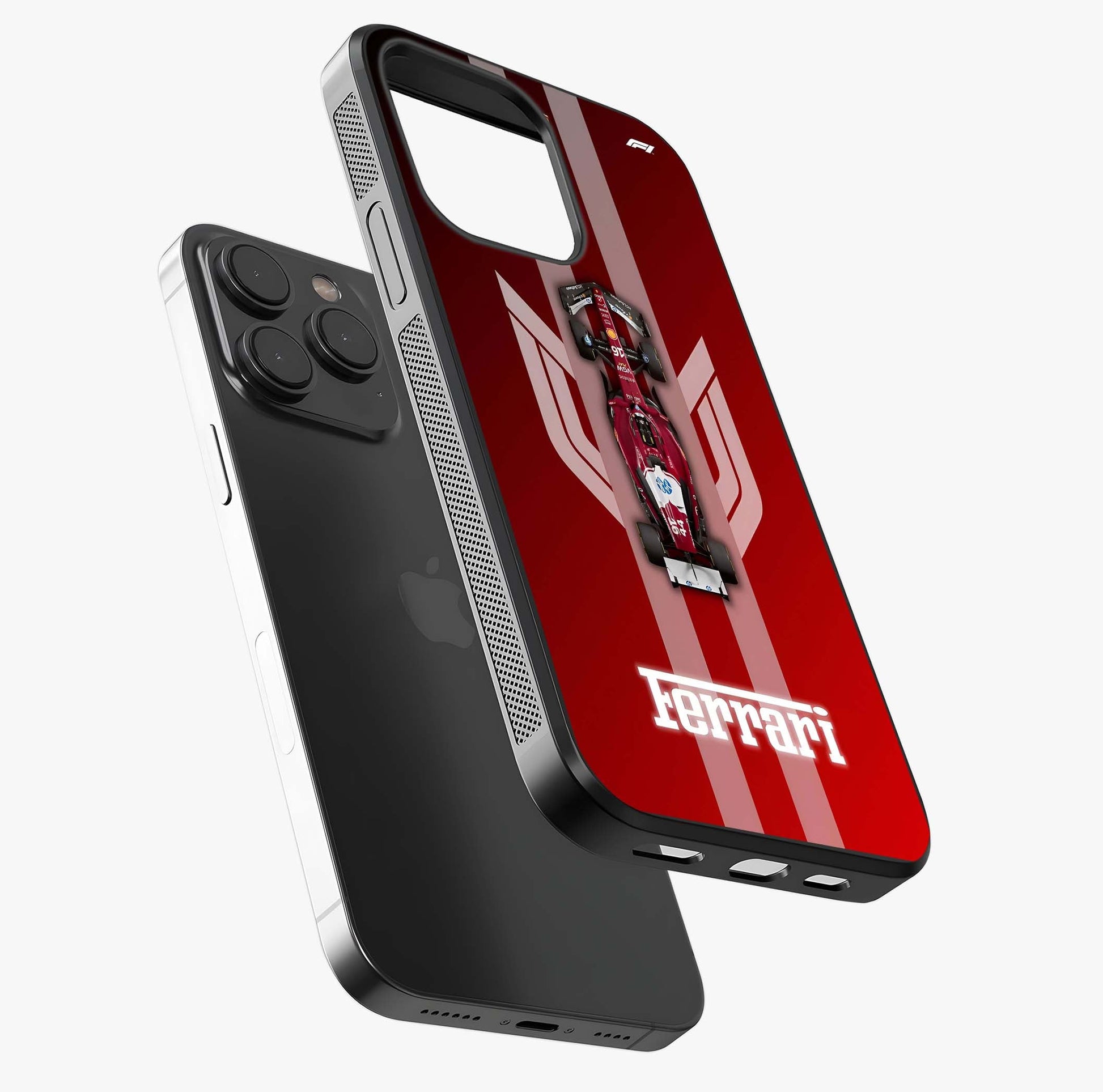 Red Ferrari F1 Vertical Glass Case photographed in natural light showing reflective finish and design depth.