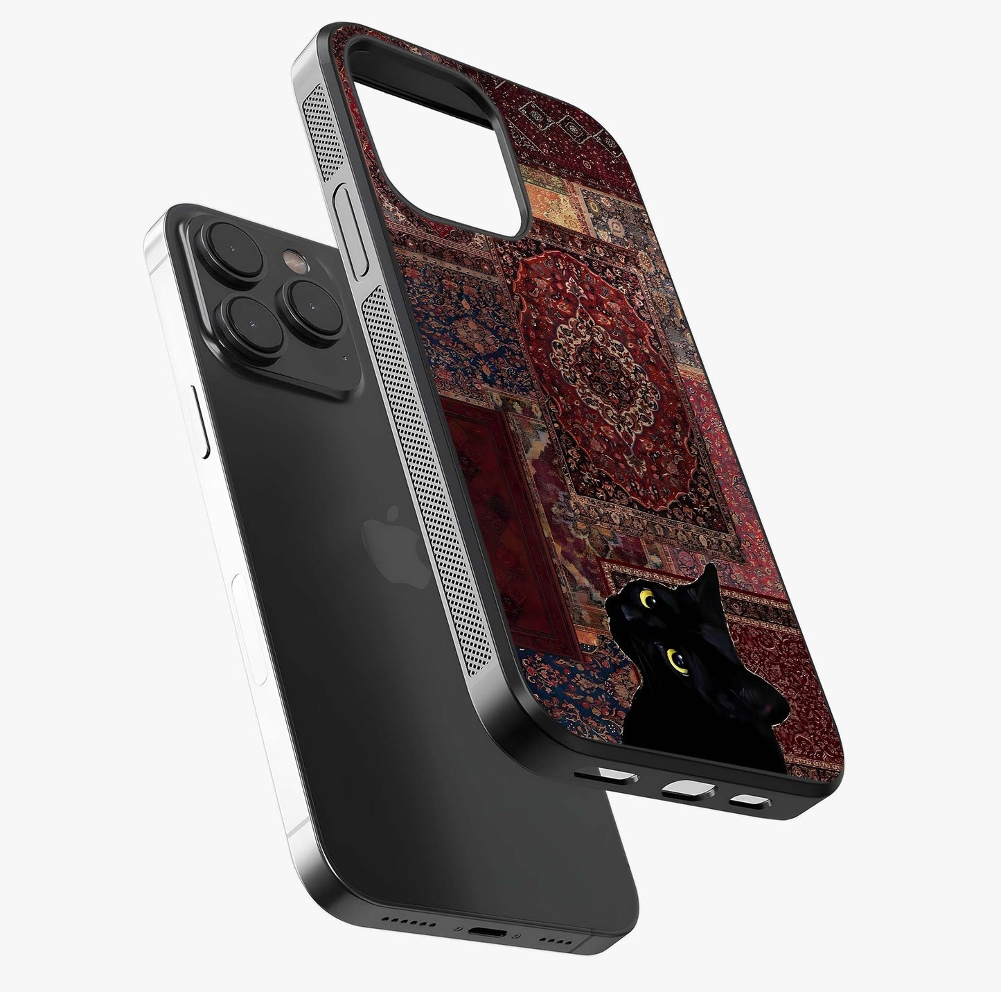 Regal Magic Cat Apple Glass Case photographed in natural light showing reflective finish and design depth.