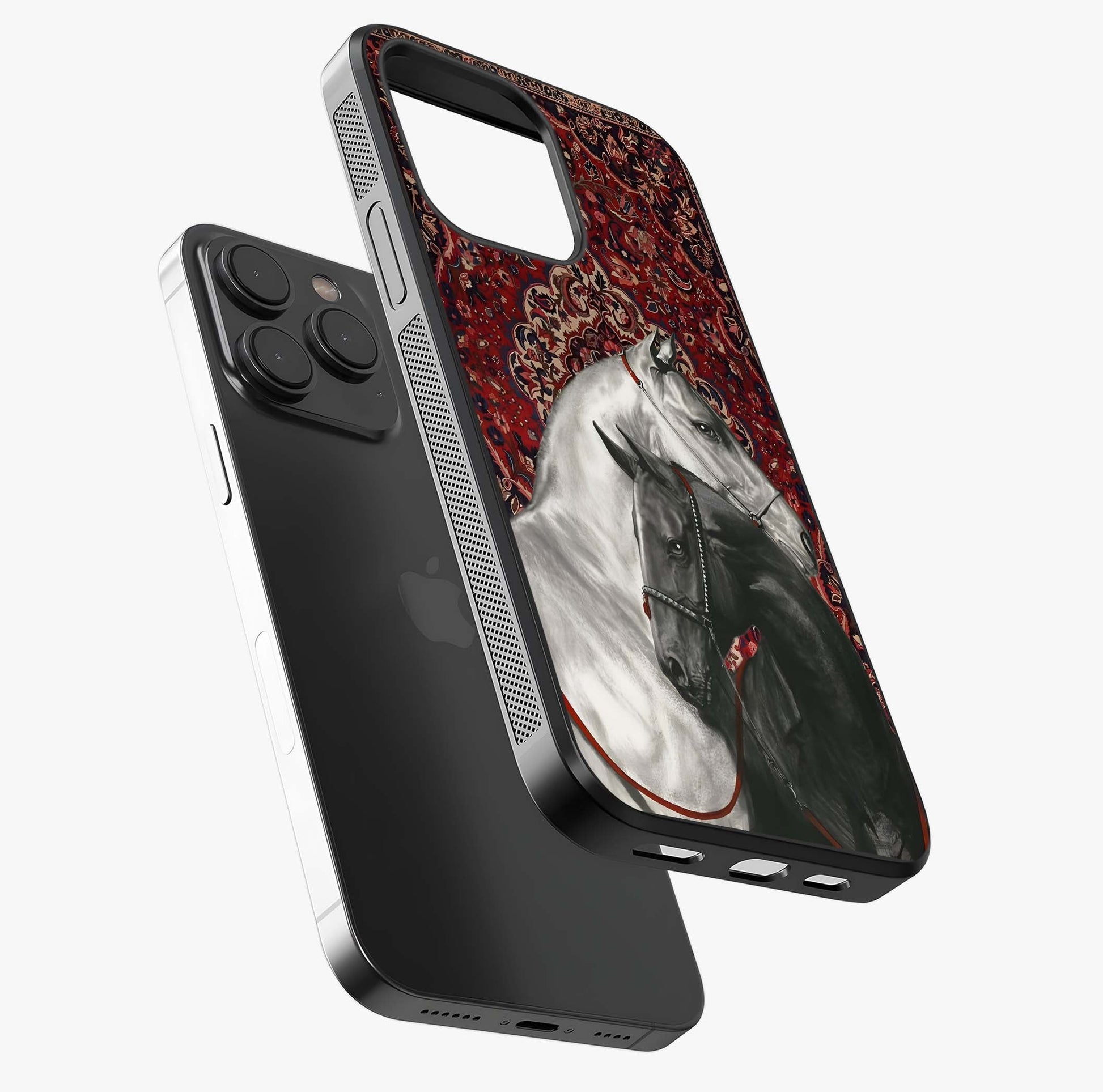 Regal Stallion Tapestry Glass Case photographed in natural light showing reflective finish and design depth.