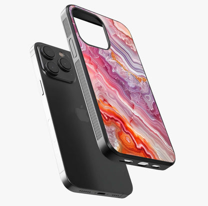 Rose Quartz Marble Glass Case photographed in natural light showing reflective finish and design depth.