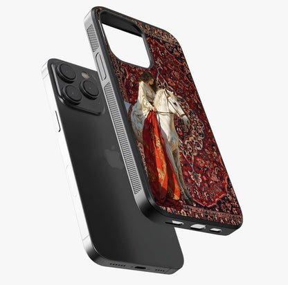 Royal Rider Tapestry Glass Case photographed in natural light showing reflective finish and design depth.