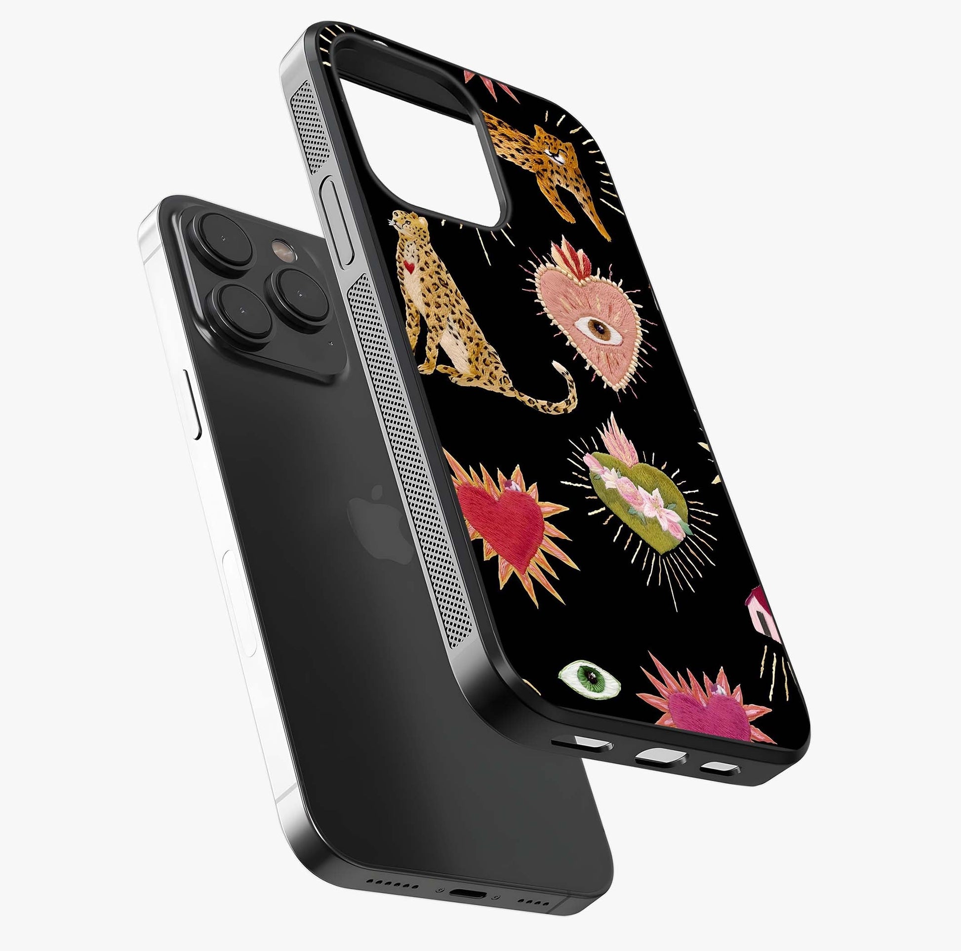Sacred Jungle Heart Glass Case photographed in natural light showing reflective finish and design depth.