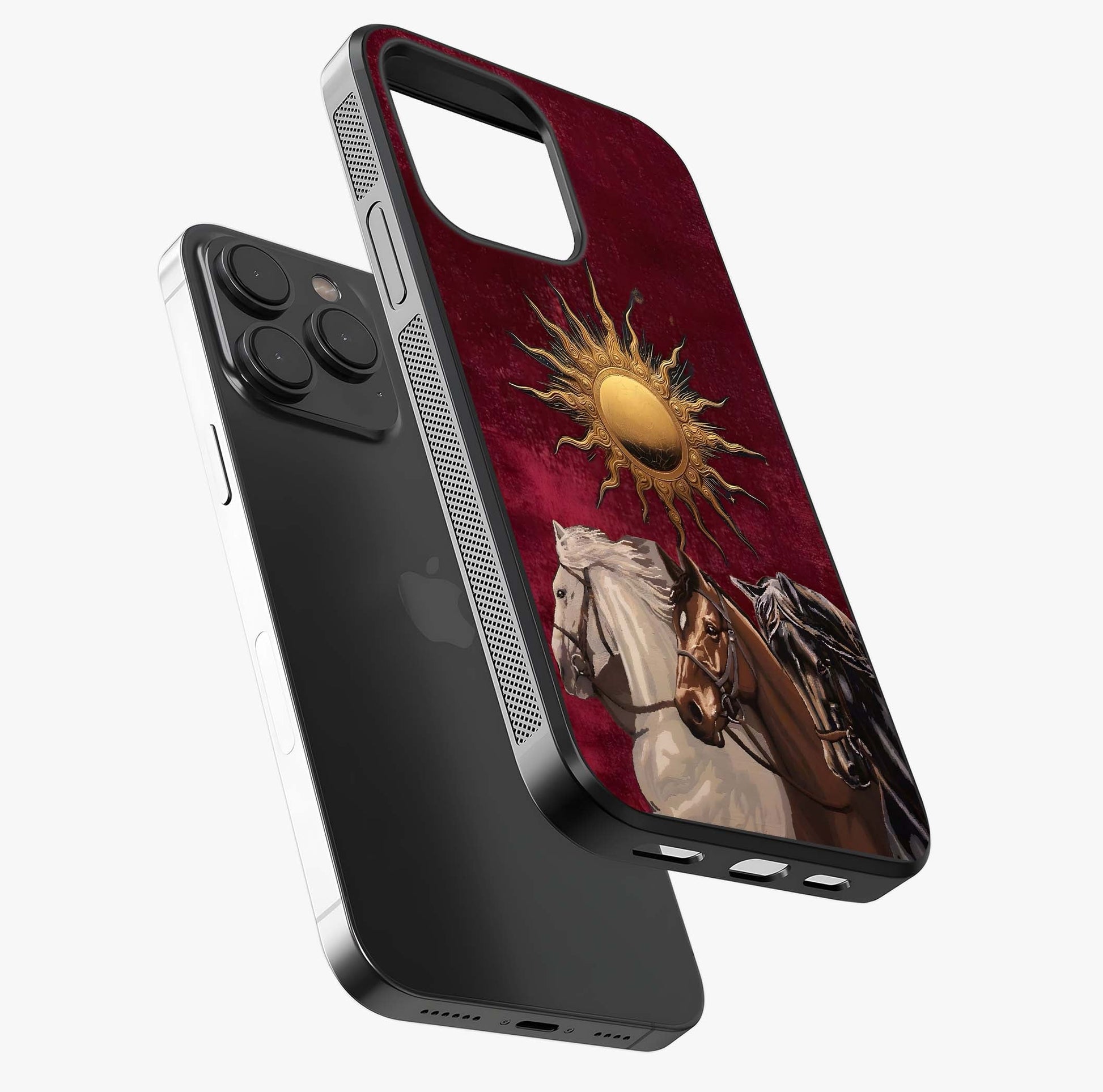 Solar Riders Glass Case photographed in natural light showing reflective finish and design depth.
