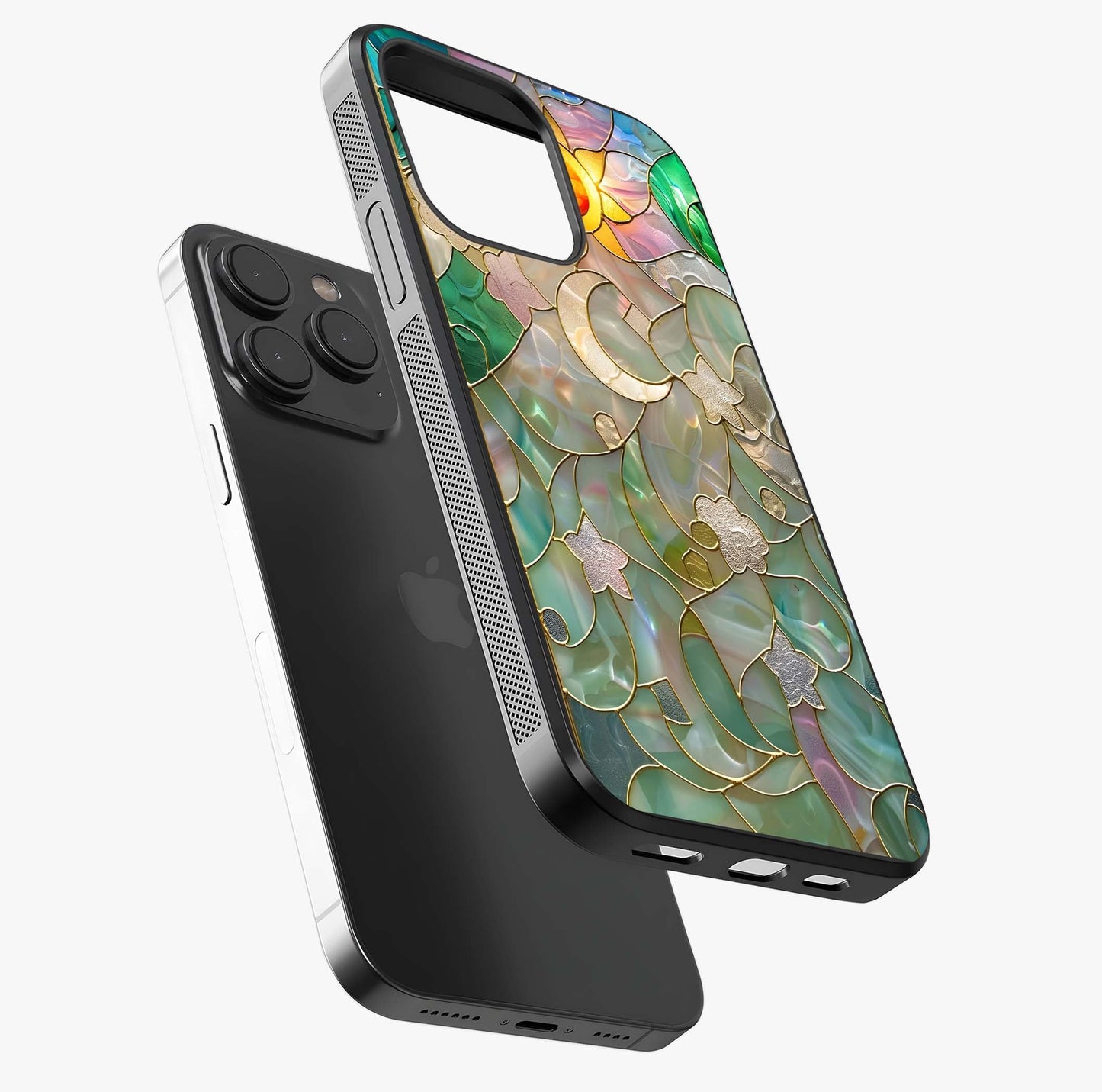 Stained Sunrise Glow Glass Case photographed in natural light showing reflective finish and design depth.