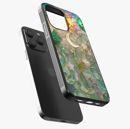 Stained Sunrise Glow Glass Case photographed in natural light showing reflective finish and design depth.