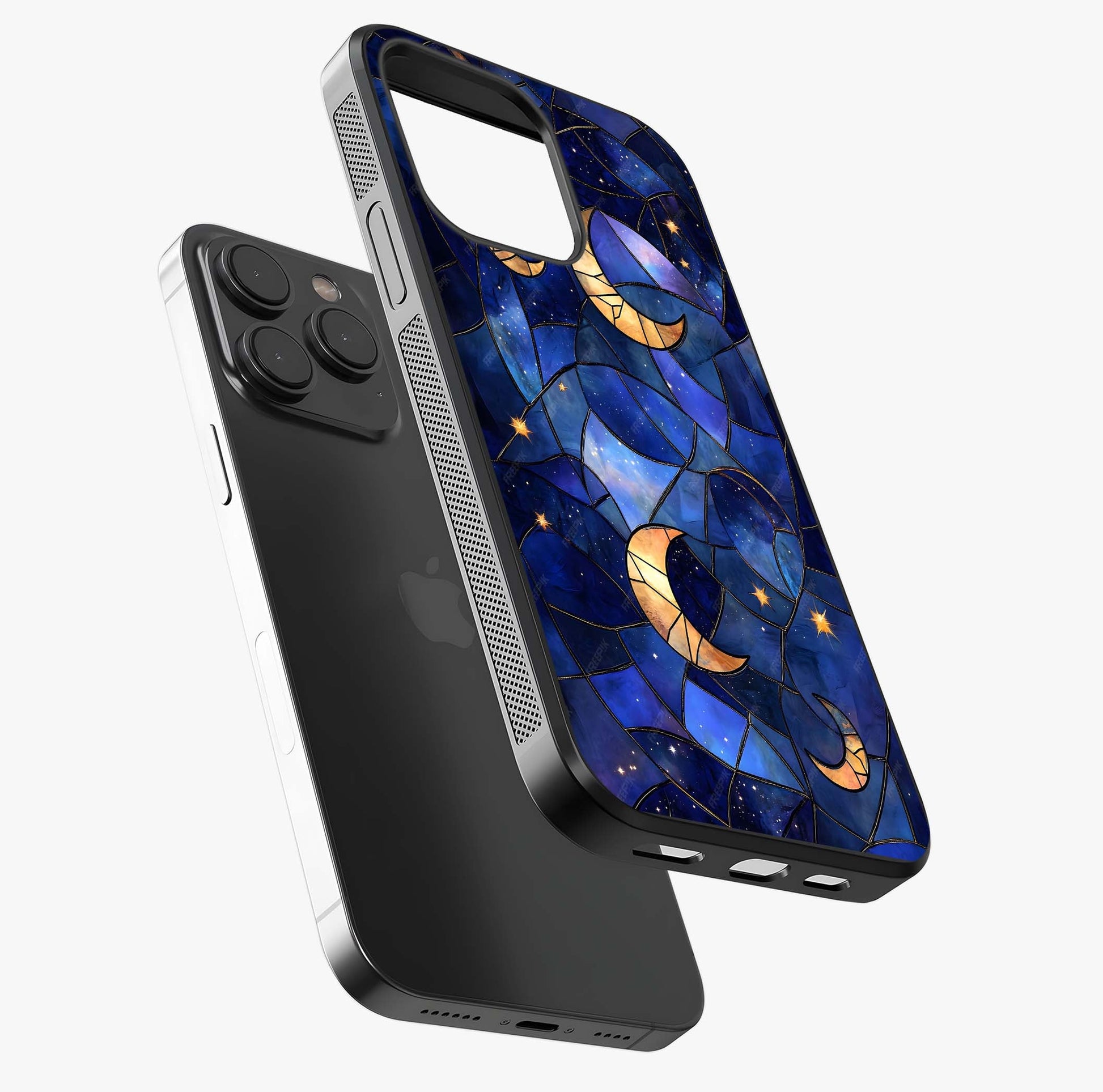 Starlit Sky Tapestry Glass Case photographed in natural light showing reflective finish and design depth.
