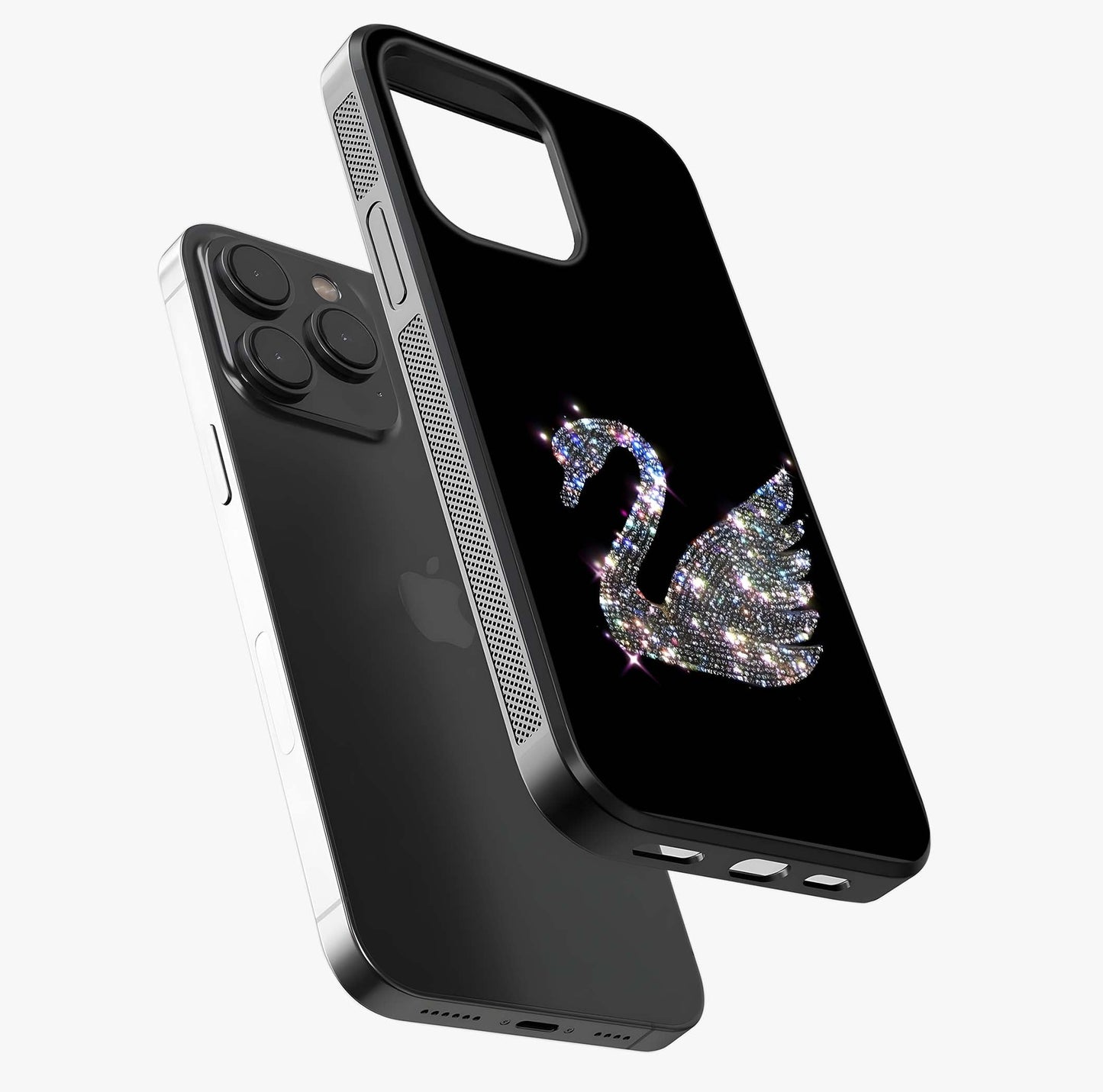 Starlit Swan Grace Glass Case photographed in natural light showing reflective finish and design depth.