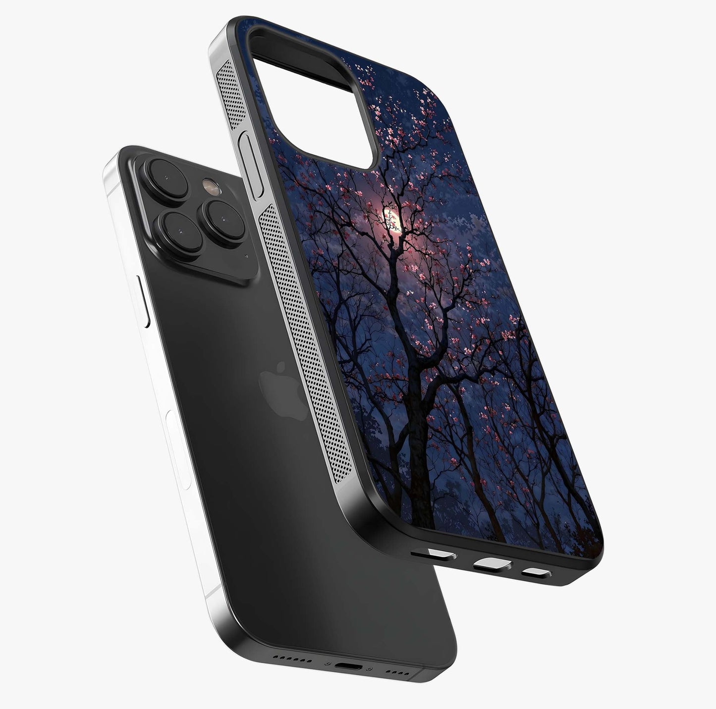 Twilight Sakura Serenade Glass Case photographed in natural light showing reflective finish and design depth.