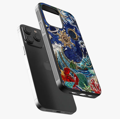 Universe Underwater Spark Glass Case photographed in natural light showing reflective finish and design depth.