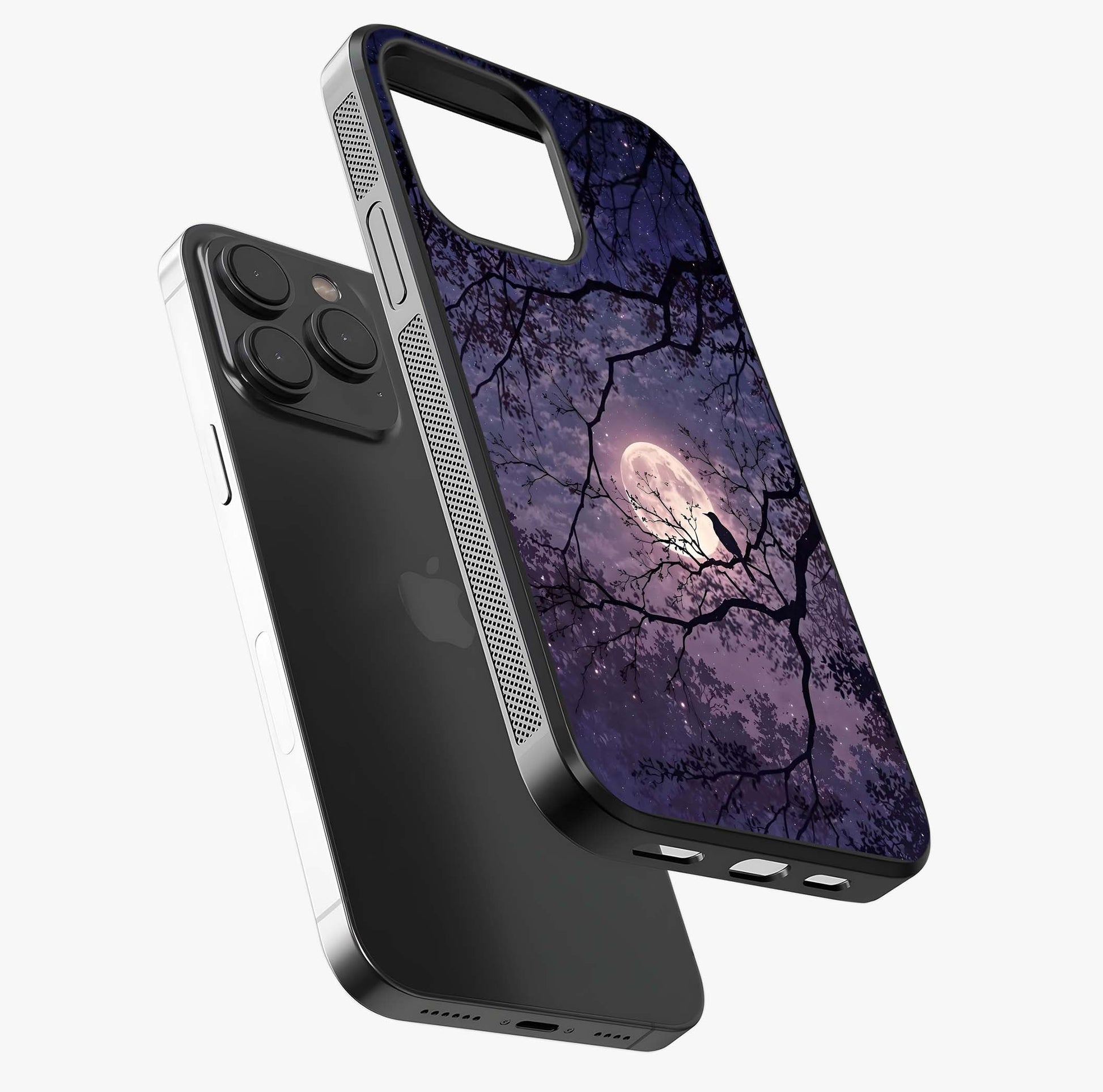 Whispering Moon Silence Glass Case photographed in natural light showing reflective finish and design depth.