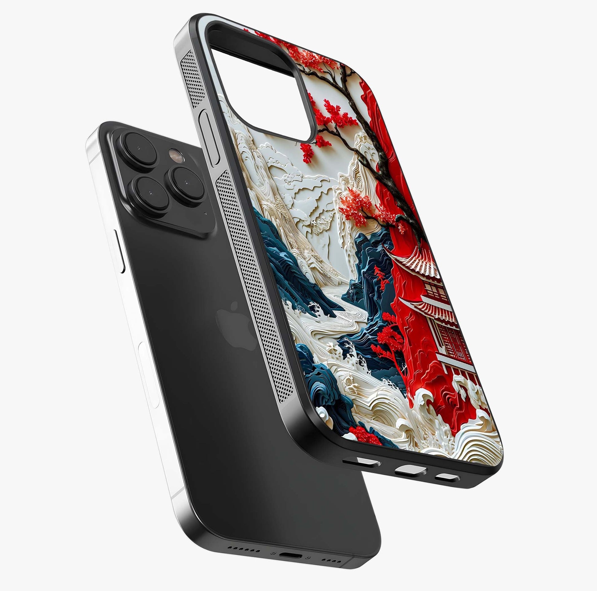 Whispers Of Sakura Waves Glass Case photographed in natural light showing reflective finish and design depth.