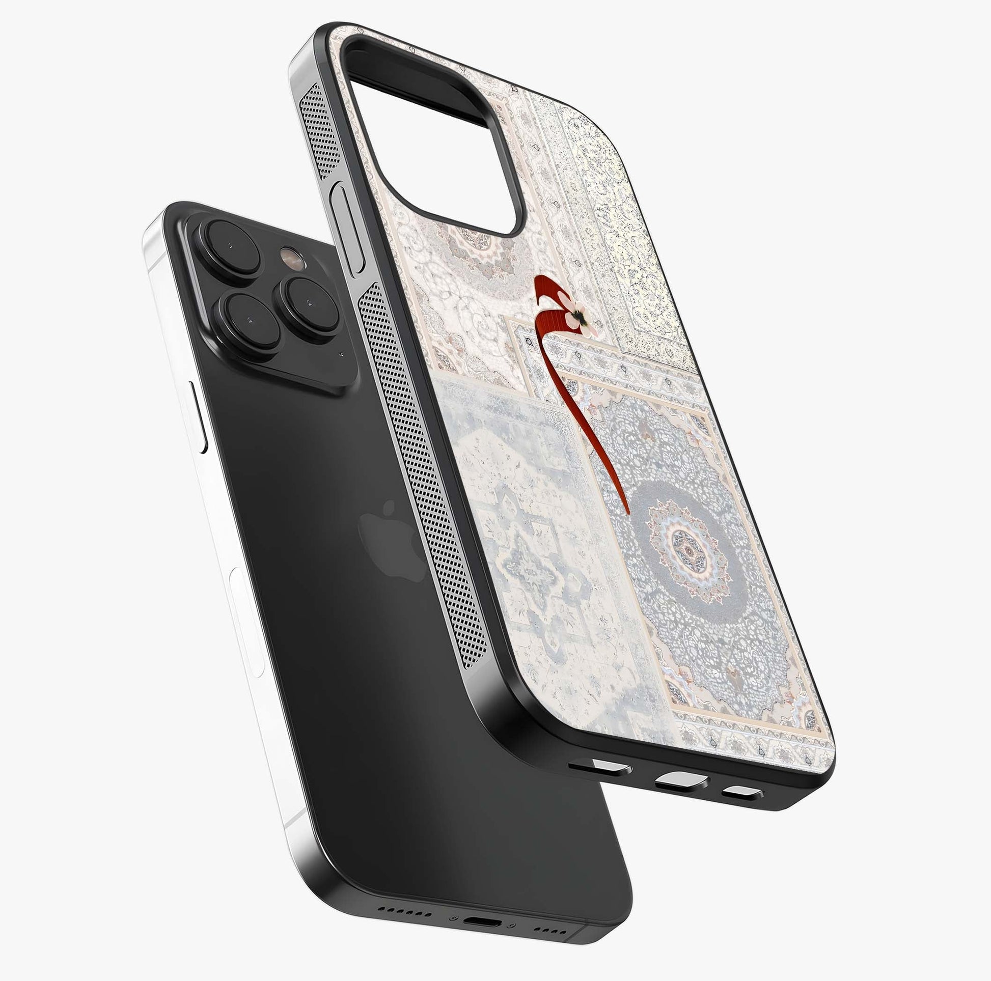 White Aesthetic Bow Glass Case photographed in natural light showing reflective finish and design depth.