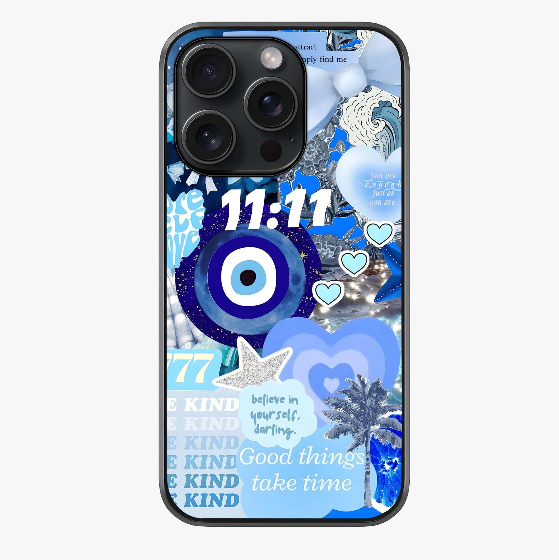 Aesthetic Be Kind Eye Glass Case showing full back design in clean flat view with glossy glass finish.