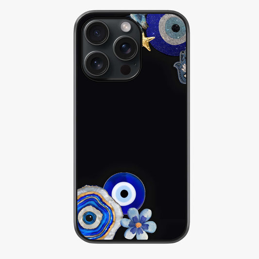 Aesthetic Blue Evil Eye Glass Case showing full back design in clean flat view with glossy glass finish.