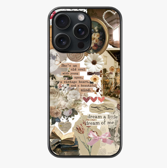 Aesthetic Brown Vintage Collage Glass Case showing full back design in clean flat view with glossy glass finish.
