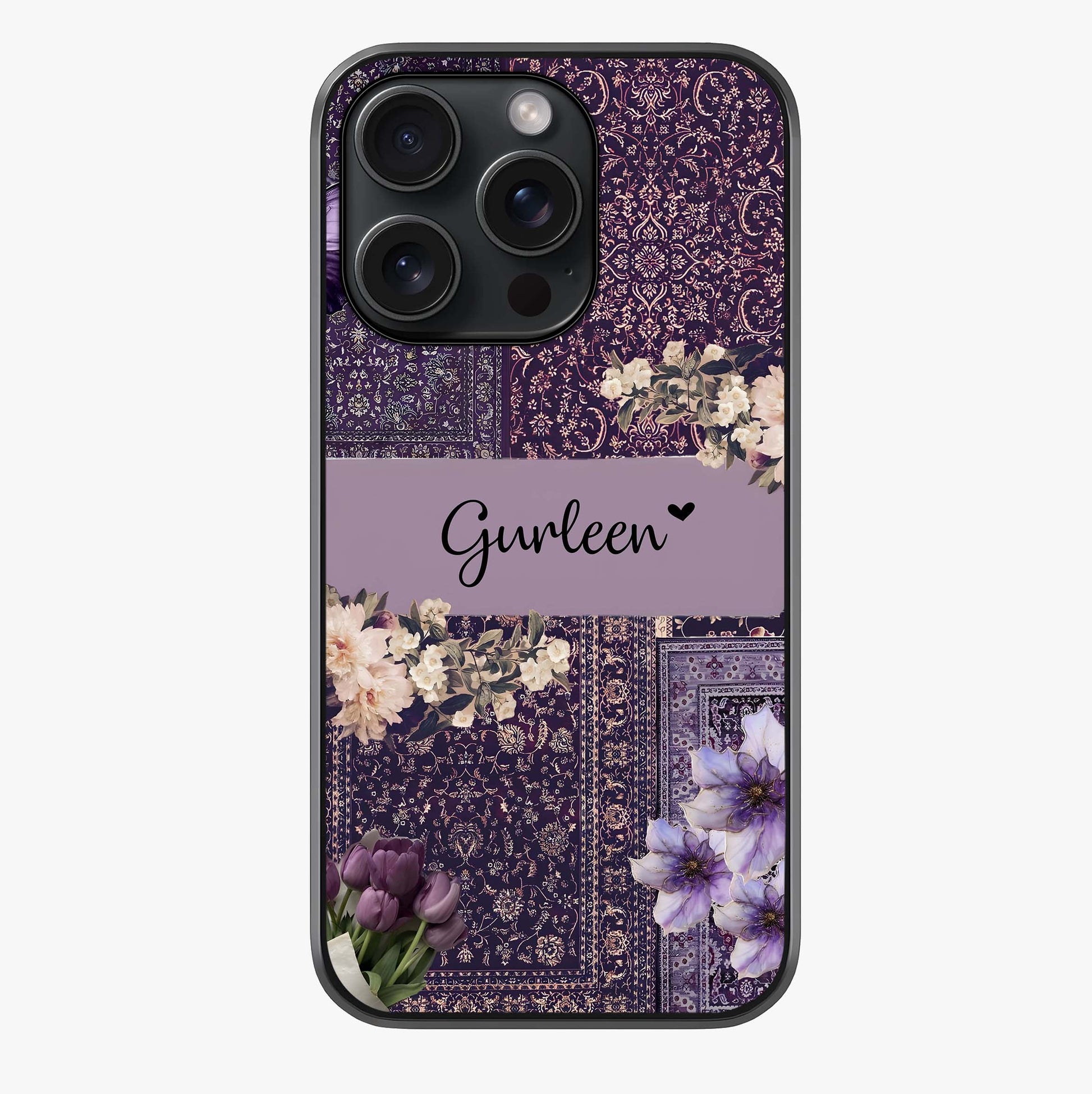 Antique Floral Whisper Custom Name Glass Case showing full back design in clean flat view with glossy glass finish.