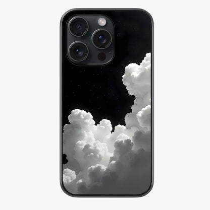 Black Background With White Cloud Glass Case showing full back design in clean flat view with glossy glass finish.