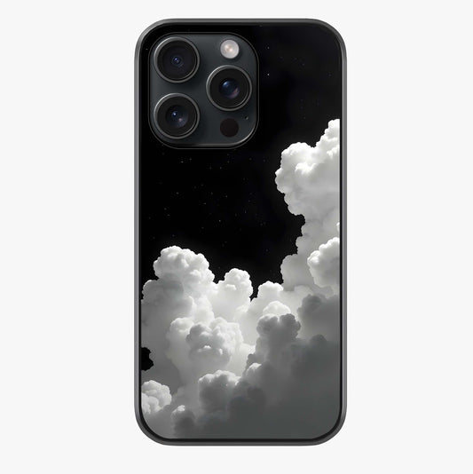 Black Background With White Cloud Glass Case showing full back design in clean flat view with glossy glass finish.