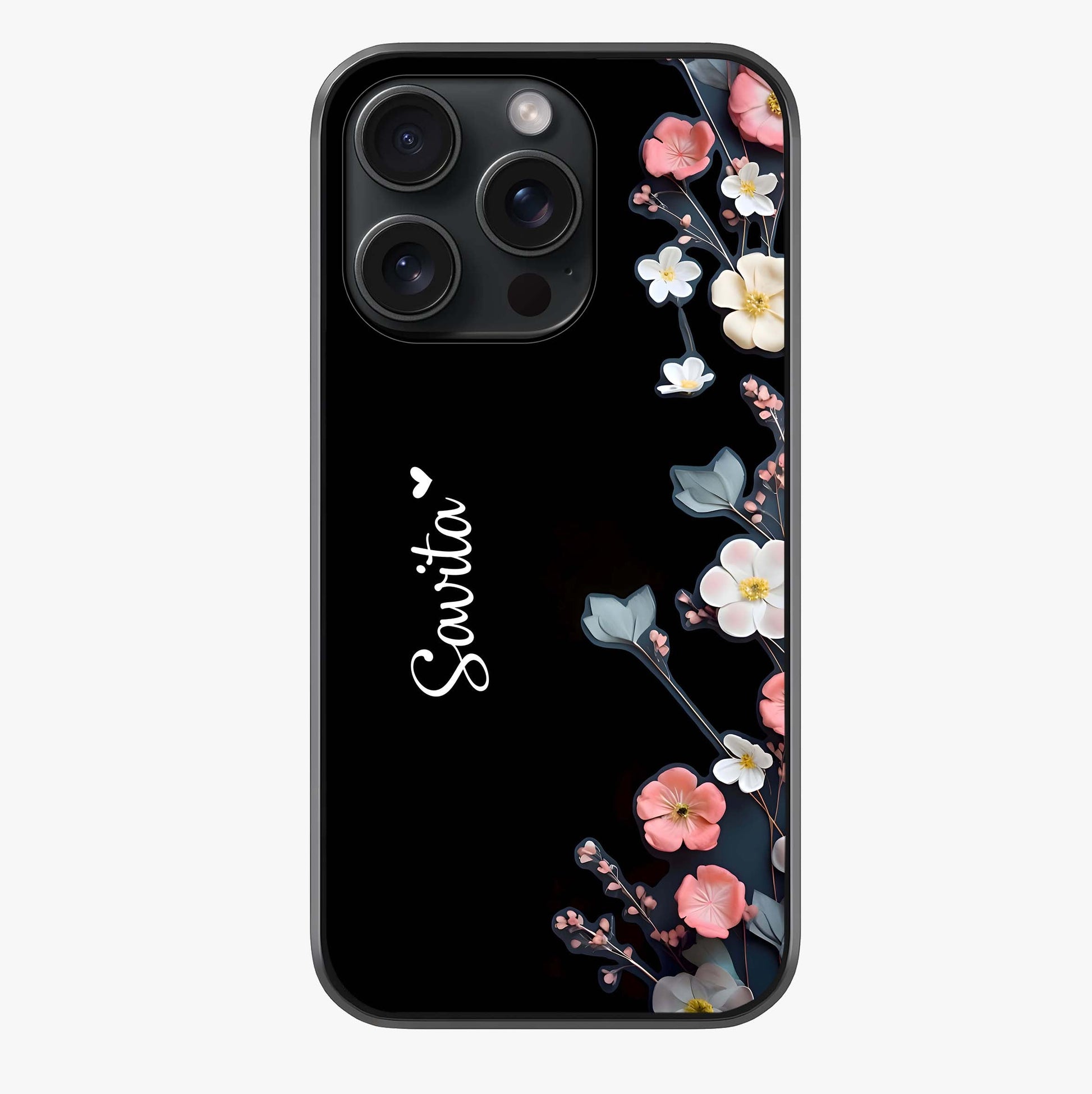 Black Elegance Floral Custom Name Glass Case showing full back design in clean flat view with glossy glass finish.