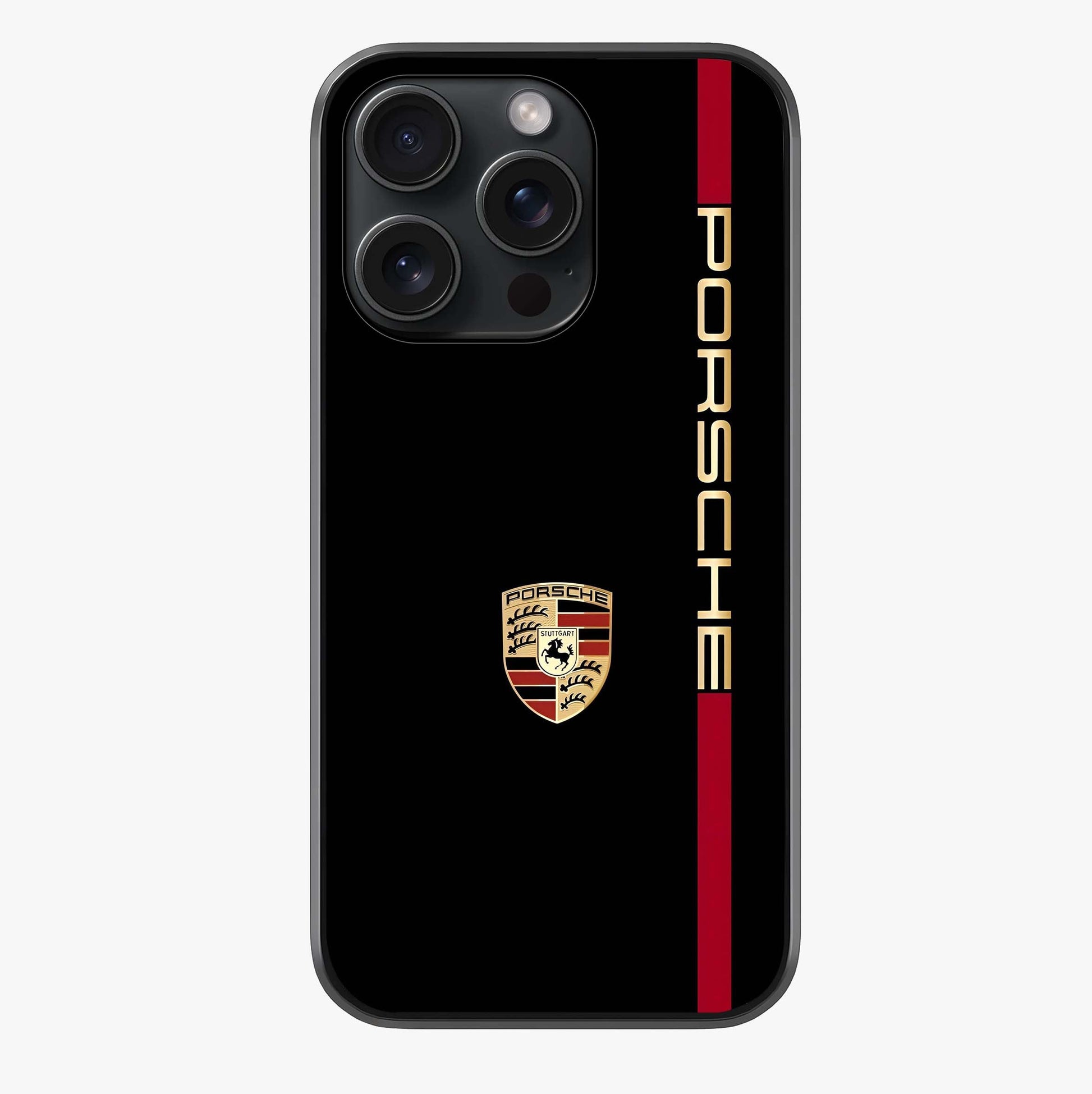 Black Minimal Porsche Glass Case showing full back design in clean flat view with glossy glass finish.