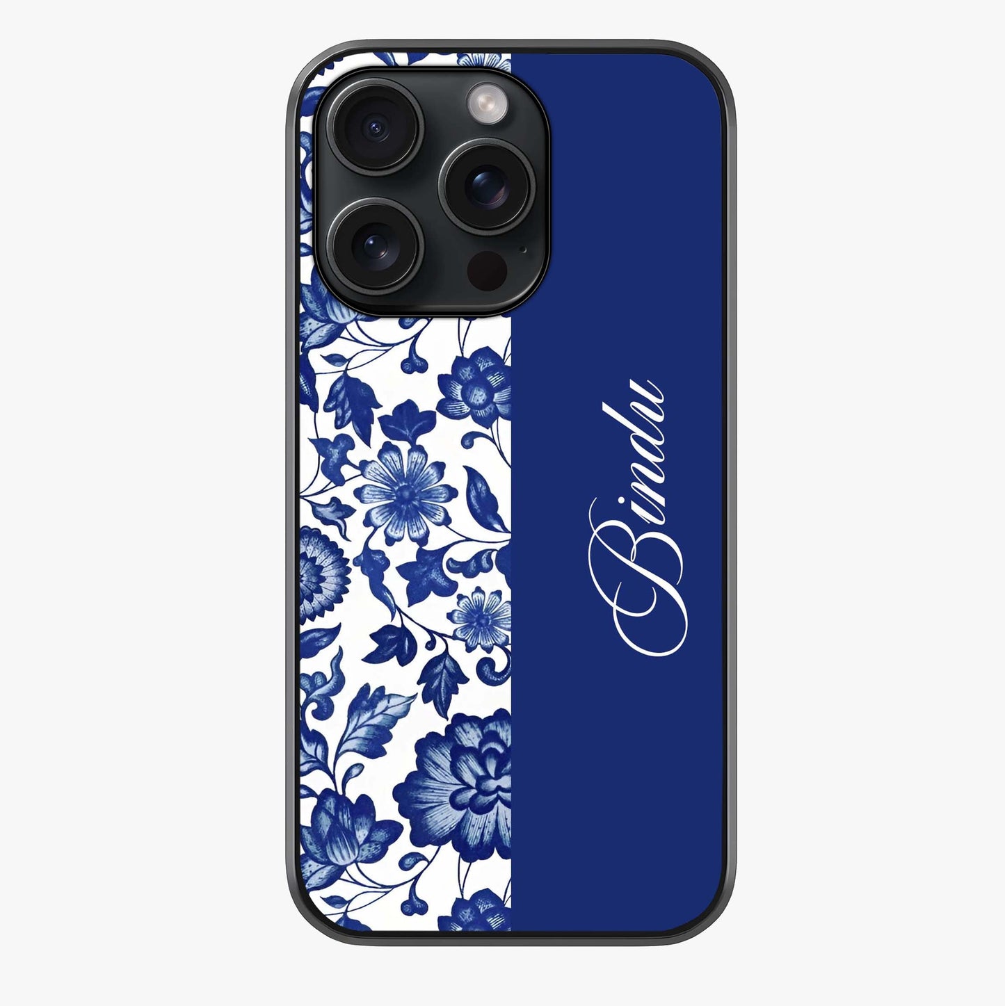 Blue Vintage Floral Pattern Glass Case showing full back design in clean flat view with glossy glass finish.