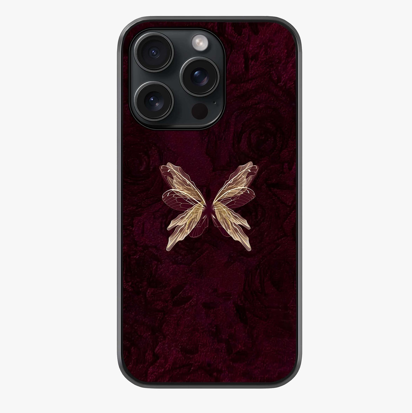 Crimson Fade Butterfly Glass Case showing full back design in clean flat view with glossy glass finish.