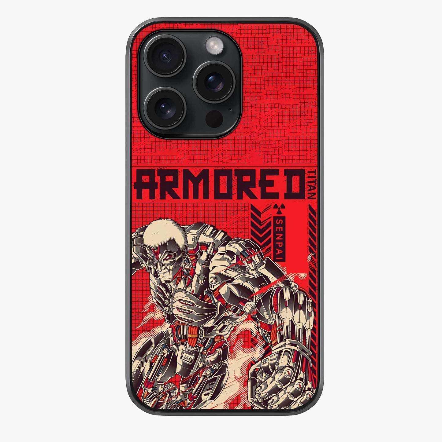 Crimson Mecha Titan Glass Case showing full back design in clean flat view with glossy glass finish.