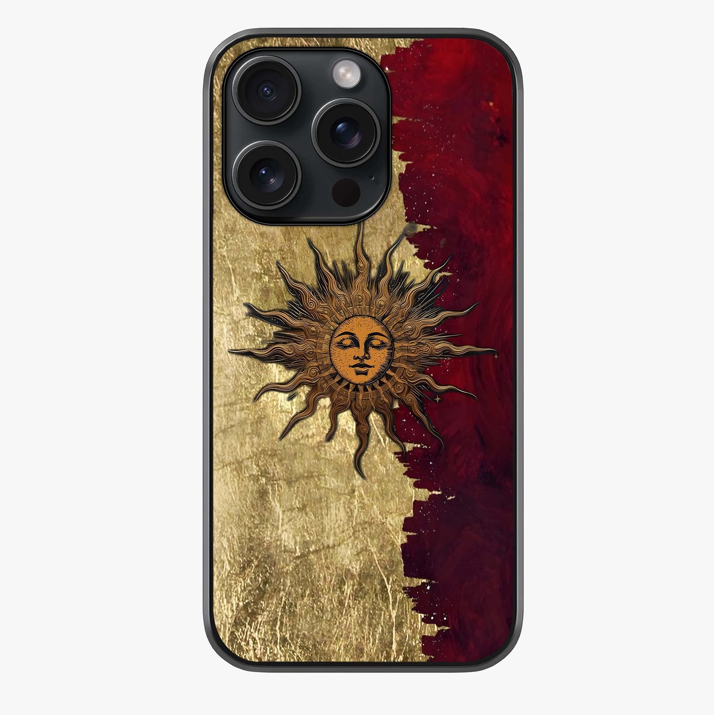 Crimson Sun Majesty Glass Case showing full back design in clean flat view with glossy glass finish.