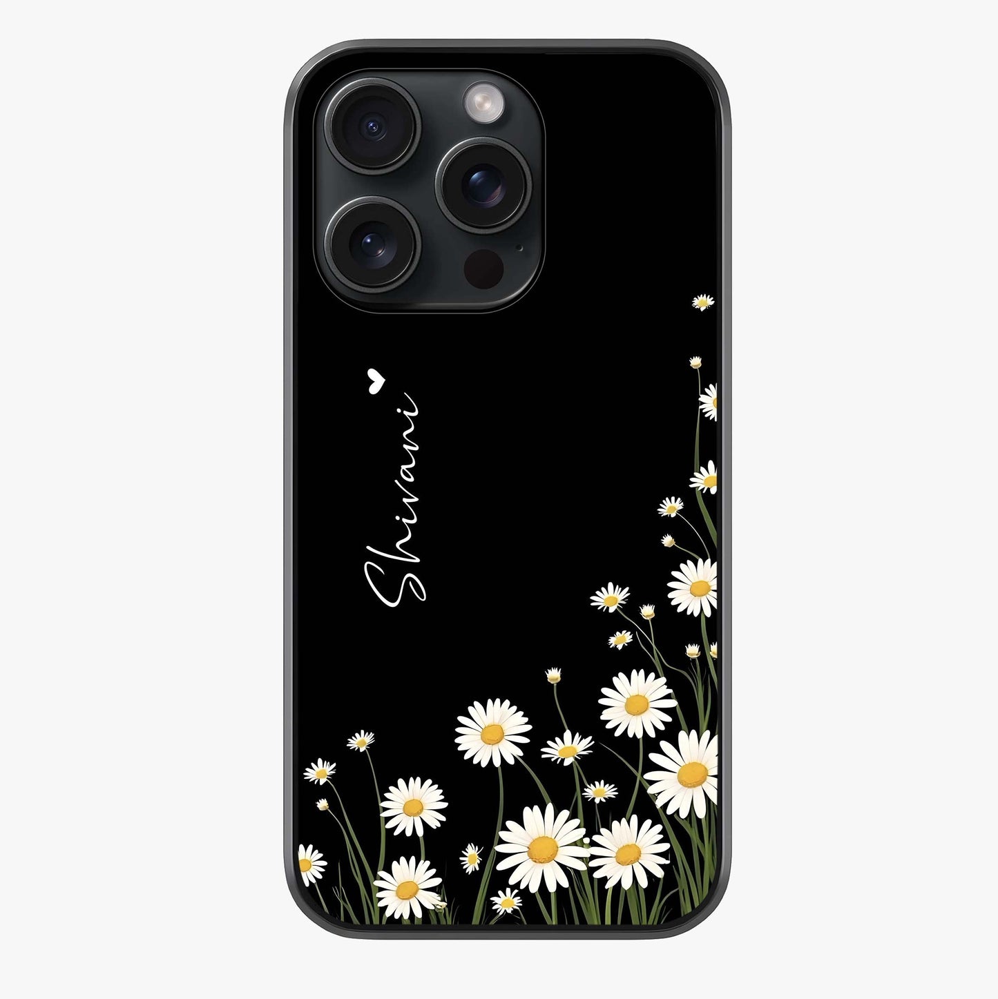 Daisy Cascade Custom Name Glass Case showing full back design in clean flat view with glossy glass finish.
