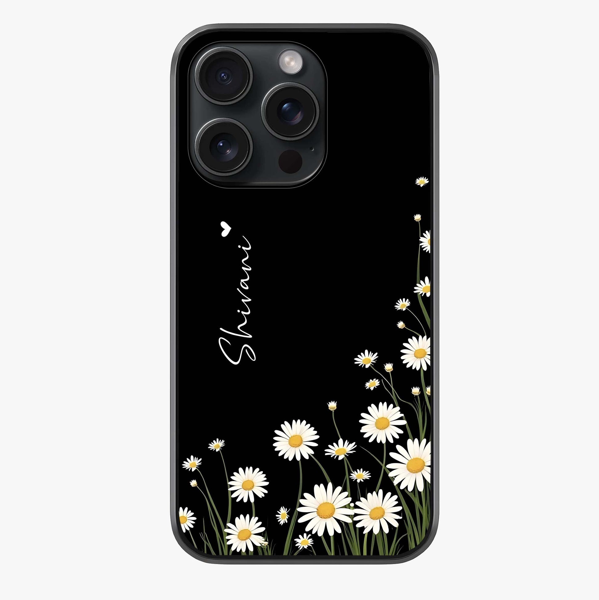 Daisy Cascade Custom Name Glass Case showing full back design in clean flat view with glossy glass finish.