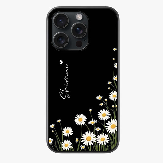 Daisy Cascade Custom Name Glass Case showing full back design in clean flat view with glossy glass finish.