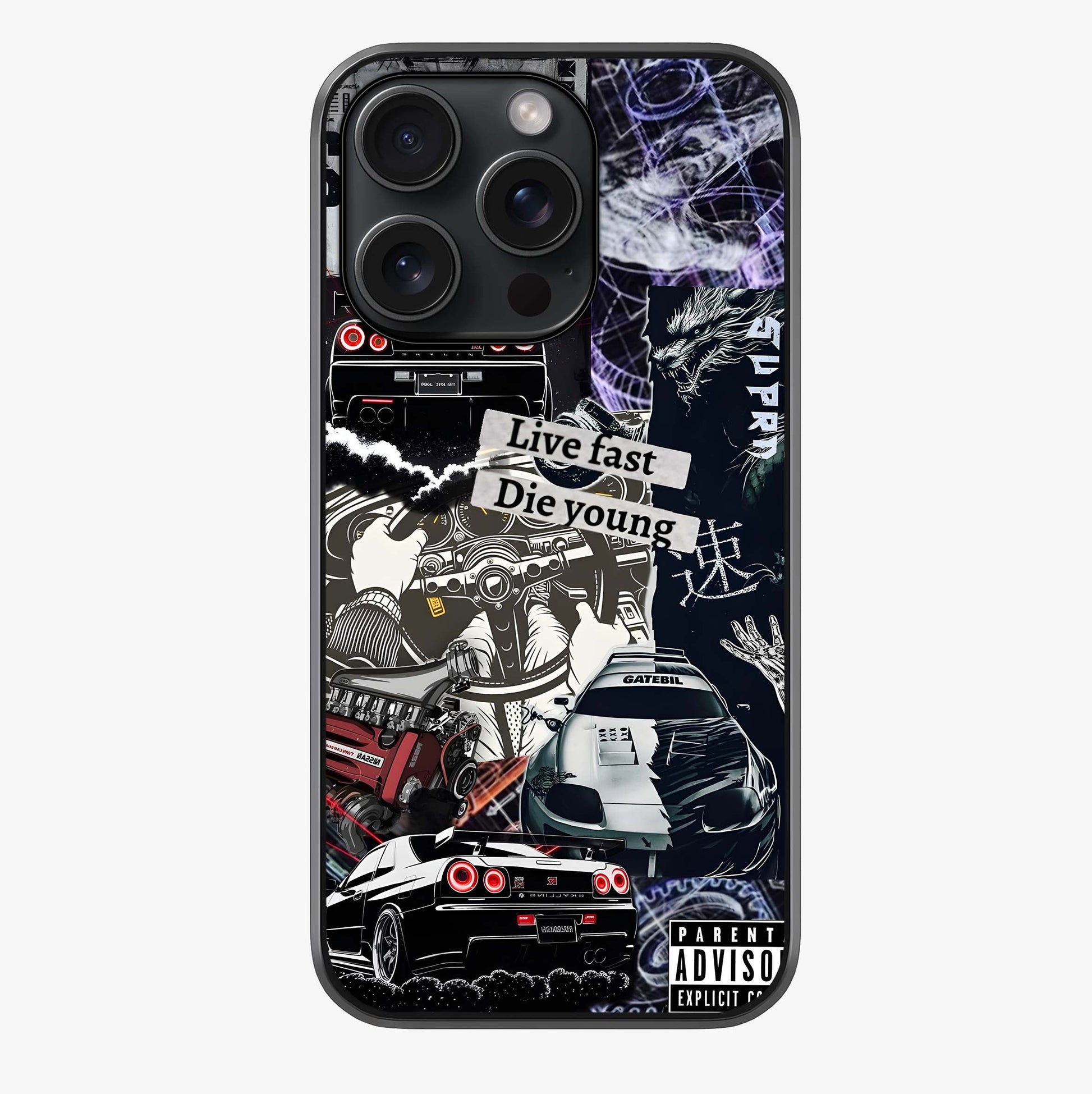 Die Young Glass Case showing full back design in clean flat view with glossy glass finish.