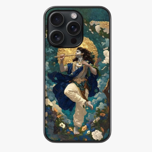 Divine Krishna Art Glass Case showing full back design in clean flat view with glossy glass finish.